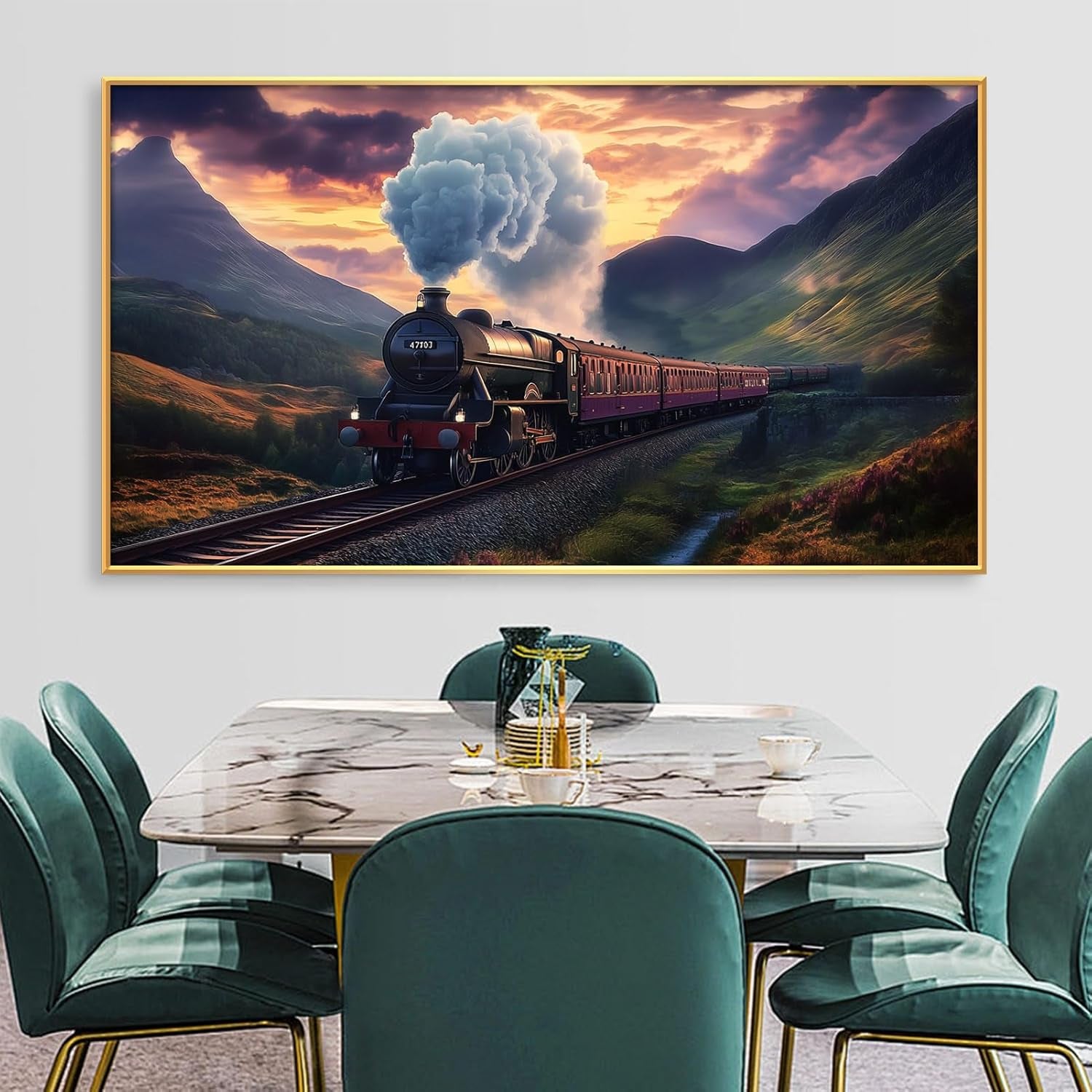 Steam Train Canvas Wall Art, Mountains Landscape Canvas Wall Art, Train Wall Decor, Steam Locomotive Train Picture, Nature Pictures Wall Decor, Wall Art for Living Room Bedroom (Gold Framed, 30"X17" | 76X43Cm)