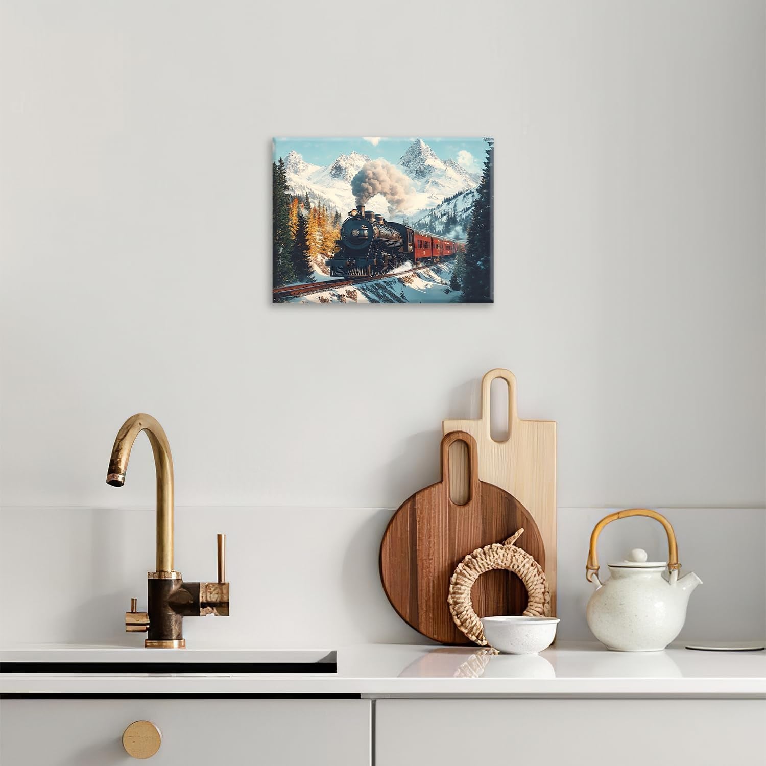 Trian Wall Art, Winter Train Pictures Wall Decor, Mountain Forest Railway Canvas Prints Painting, Framed Artwork for Bathroom Living Room Bedroom Dining Room Office Home Decorations 16"X12"