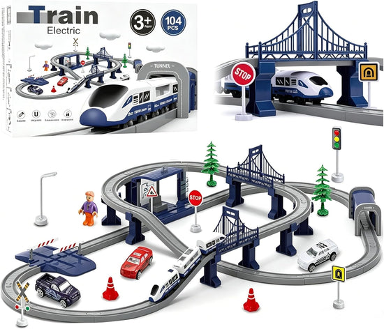 104-Piece Battery-Operated Train Set for Children Ages 3-6, Featuring Magnetic Connection Tracks and Compatibility with Thomas, Brio, and Chuggington (City Blue)