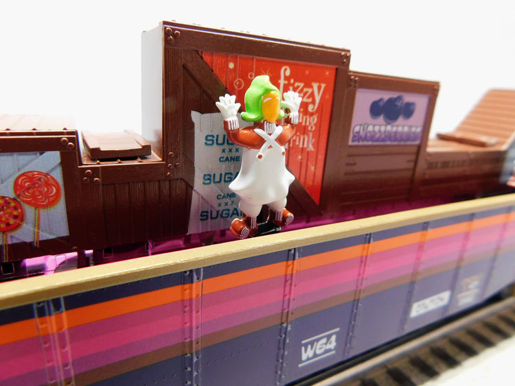 Oompa Loompa Gondola model from Willy Wonka & the Chocolate Factory, displayed on a train set by BYMRR Train Store.