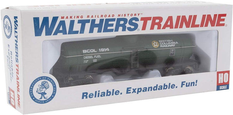 HO scale British Columbia Railway ready-to-run tank car in green, yellow, and white with Dogwood logo, by BYMRR Train Store.