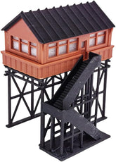 N scale railway layout station overhead signal box or tower with detailed structure and signage for model train setup