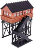 N scale railway layout station overhead signal box or tower with detailed structure and signage for model train setup
