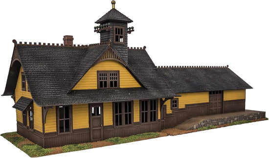 Lionel Rico Rocky Mountain Passenger Train Station model kit with detailed miniature station building and scenic surroundings.