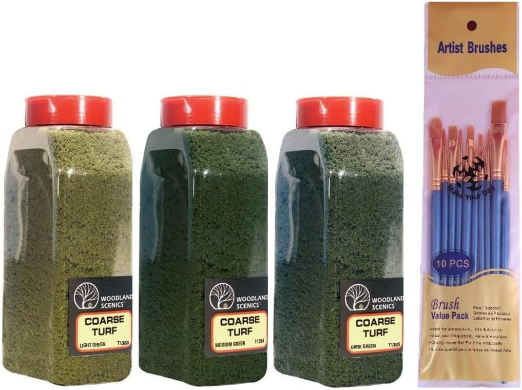 Woodland Scenics Coarse Shaker Bundle - Light Green, Medium Green, and Dark Green (Pack of 3) with Paintbrushes