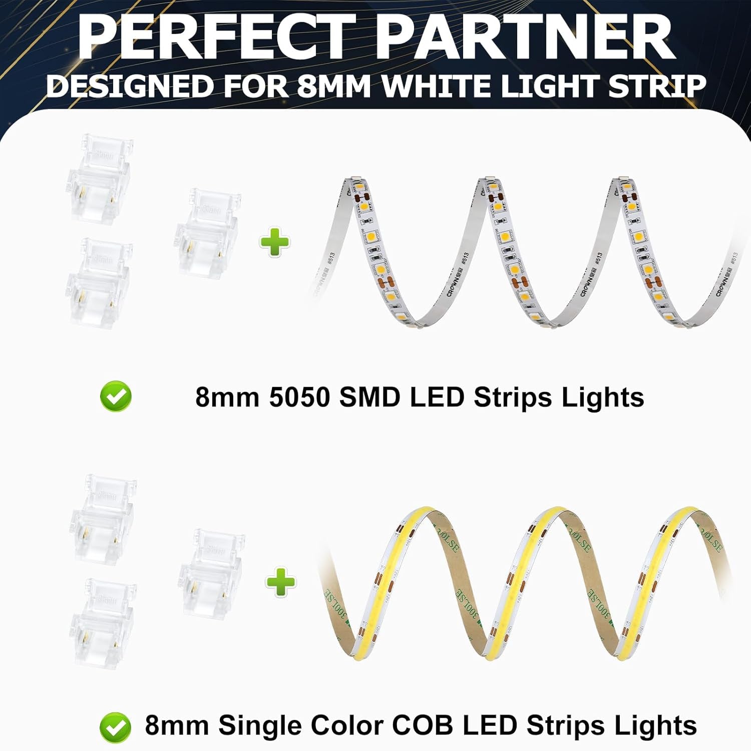 Lightingwill 2-Pin 8mm LED Connectors - 10 Pack Solderless Transparent Strip-to-Strip Connectors for COB/SMD 2835 3528 Single Color LED Strips, Ensuring No Dark Areas