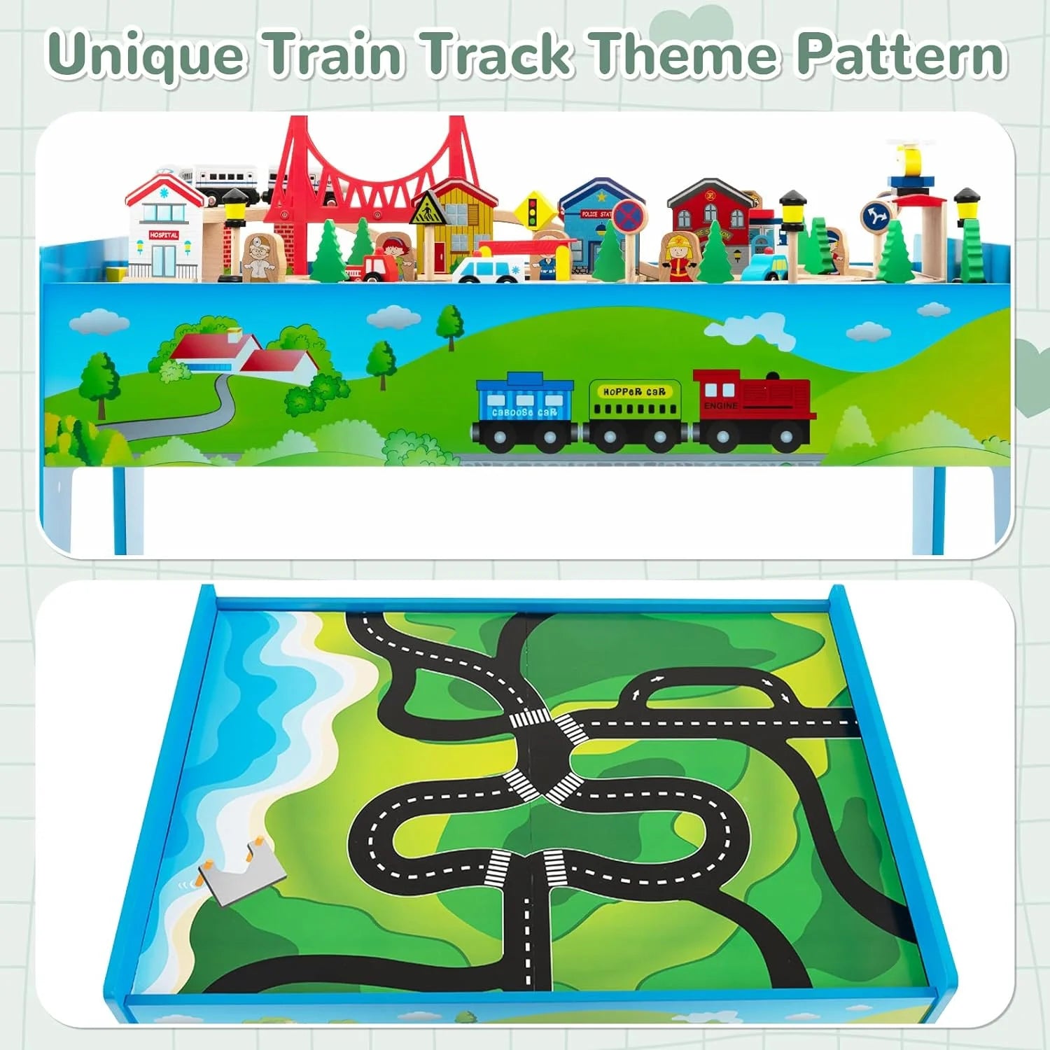 Train Table, 80 Pieces Wooden Kids Activity Toy Table Playset with Reversible Detachable Tabletop, Tracks, Train, Railway, City, Gift for Toddler Boys Girls Ages 3+