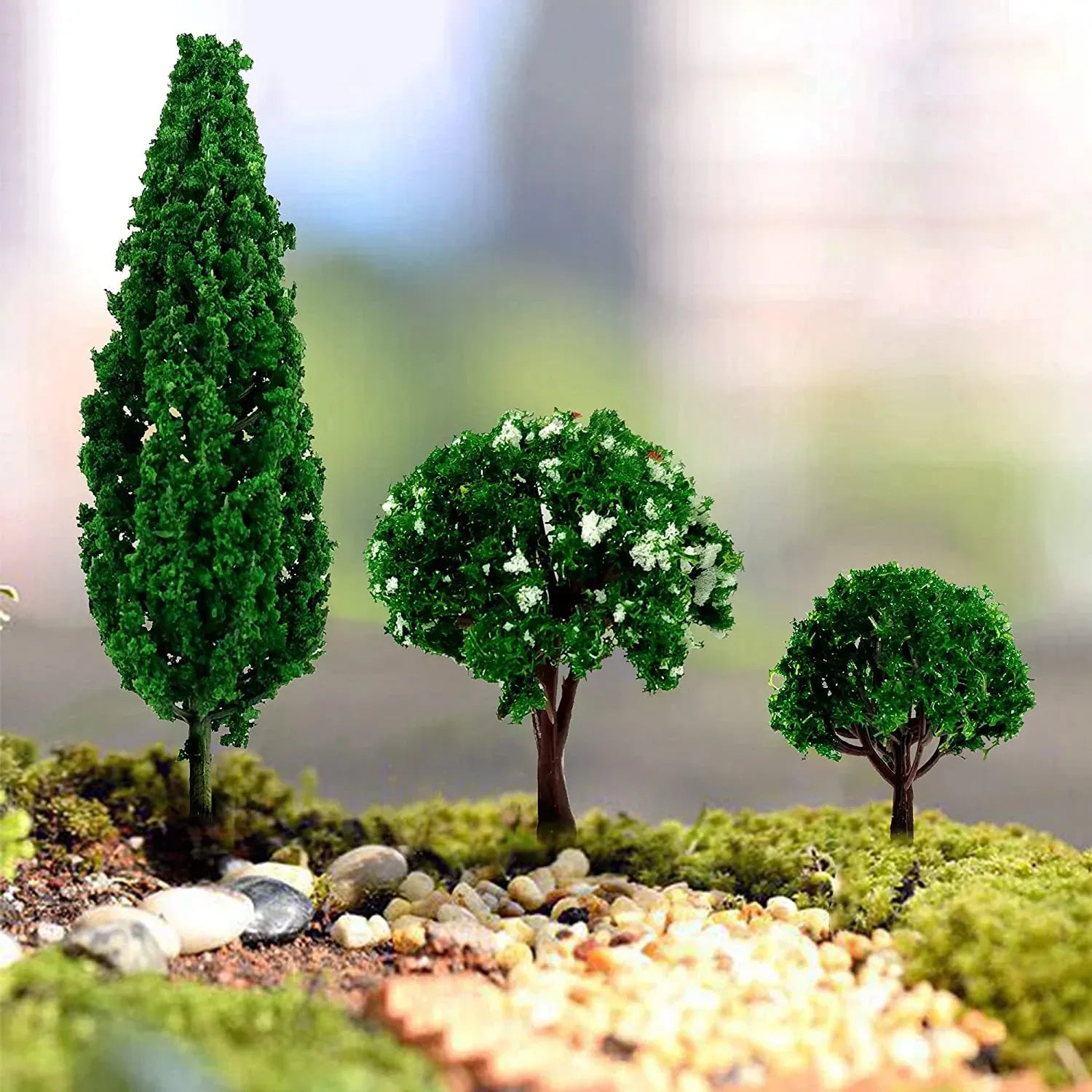 Set of 60 miniature artificial trees for train scenery, dioramas, and model landscapes by MYUE, featuring assorted sizes and lush foliage.