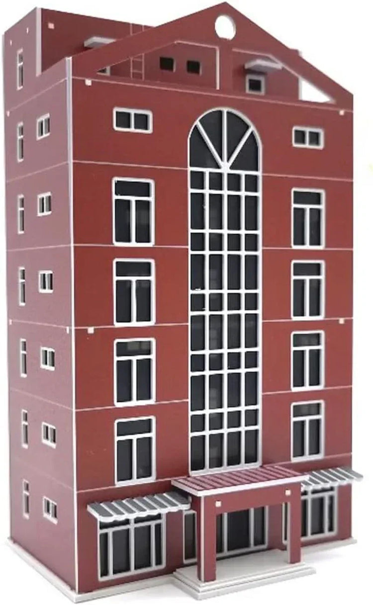 Detailed view of ATINGSHOKB N scale modern city shopping mall building for model train railway layouts.