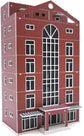 Detailed view of ATINGSHOKB N scale modern city shopping mall building for model train railway layouts.