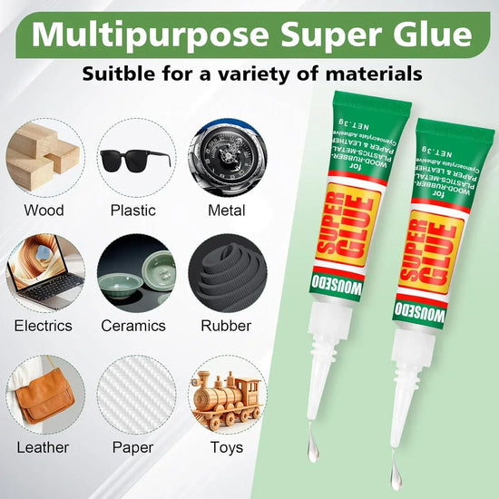 48-pack of WOUSEDO 3G clear cyanoacrylate adhesive bottles for wood, rubber, leather, plastic, metal, and jewelry crafting.