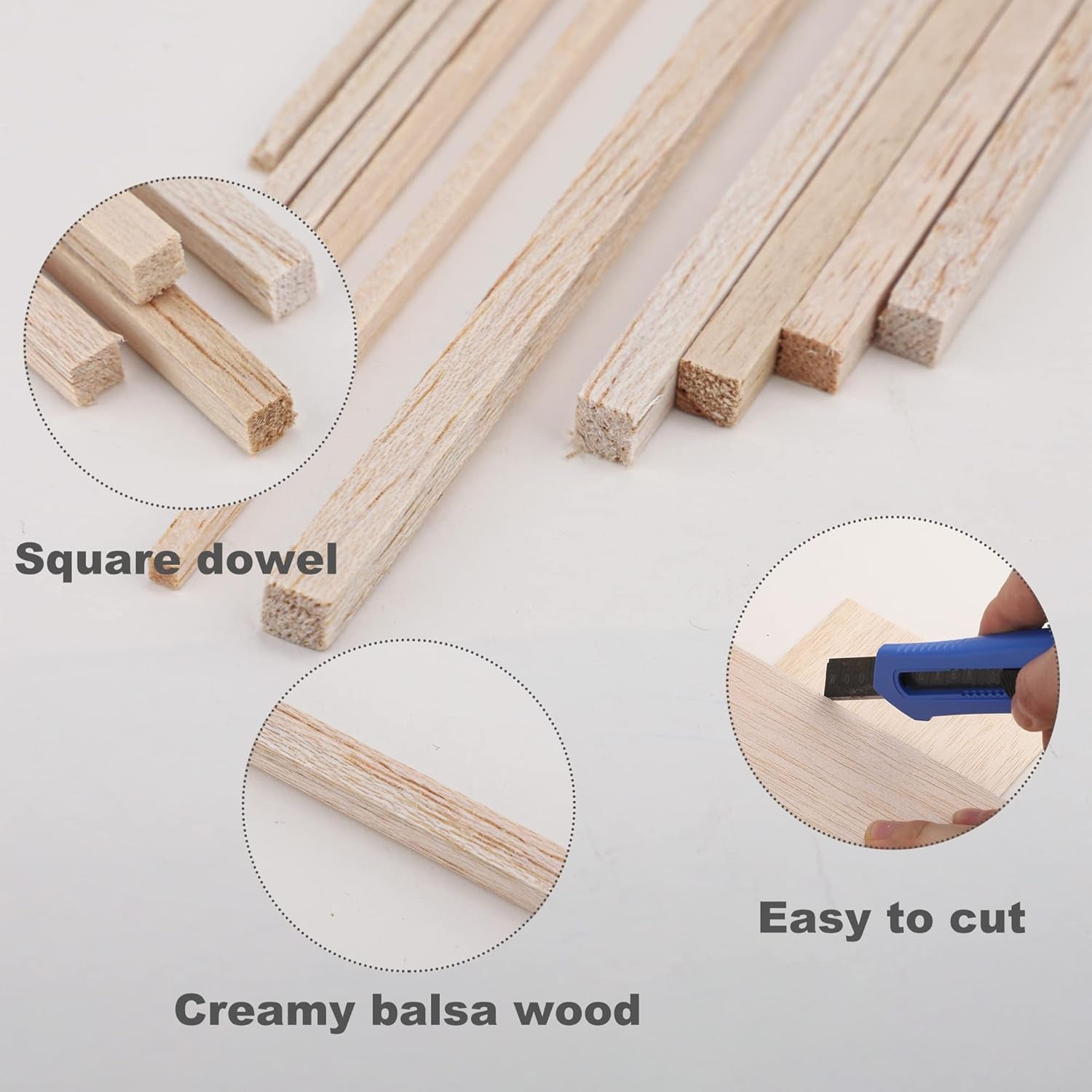Peony Man balsa wood sticks and sheets for DIY crafts, model making, and creative projects, showing assembled and raw wood pieces.