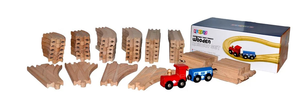 Kids Woden Train Track Set with 2 Bonus Toy Trains, 52 Count