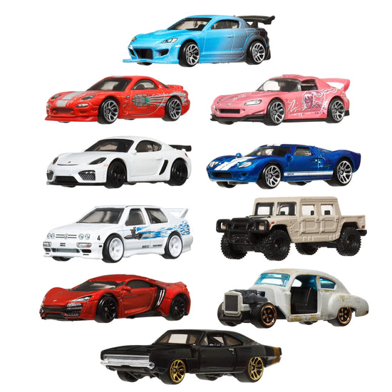 Set of 10 Fast & Furious 1:64 scale die-cast cars featuring detailed vehicles from the Fast & Furious movie series.
