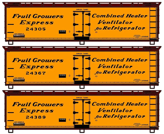 Accurail Inc Fruit Growers Express three-car model train set with detailed freight cars on a rail track.