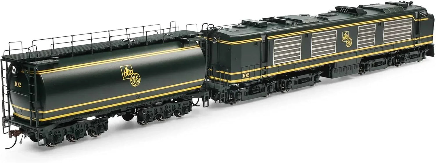 HO scale GE Gas Turbine Locomotive with tender, model ATHG41146 by Horizon Hobby, detailed view of locomotive and tender.