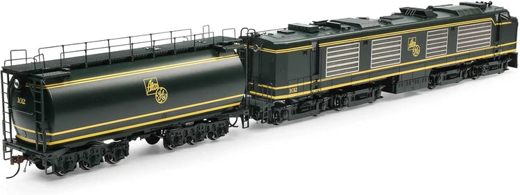 HO scale GE Gas Turbine Locomotive with tender, model ATHG41146 by Horizon Hobby, detailed view of locomotive and tender.