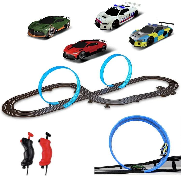 AGM MASETCH high-speed dual track slot car racing set with four licensed vehicles, featuring detailed cars and track layout.