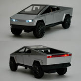 Silver 1:36 scale diecast Cybertruck pickup toy car by BYMRR Train Store, pull-back model for collectors and children ages 3+.