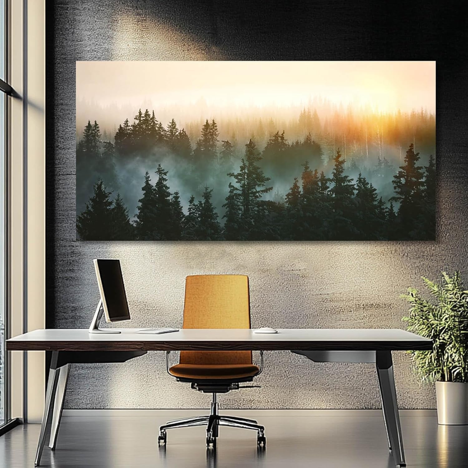 SDYA Canvas Wall Art Sunrise Forest Nature Painting Wall Decor for Bedroom Living Room Office Home Decor Wall Art 48X24 Inches