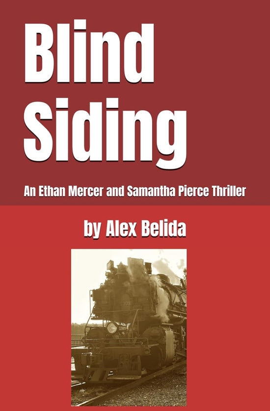 Thrilling book cover for "Blind Siding" by BYMRR Train Store, featuring Ethan Mercer and Samantha Pierce amid a tense scene.