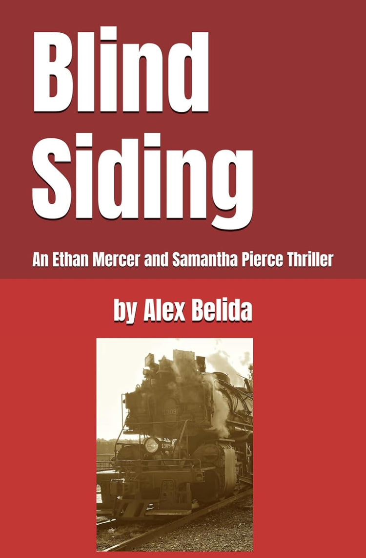Thrilling book cover for "Blind Siding" by BYMRR Train Store, featuring Ethan Mercer and Samantha Pierce amid a tense scene.