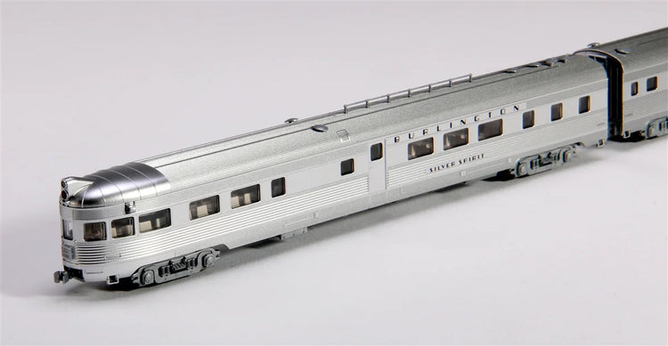 N scale CB&Q and Silver Streak Zephyr diesel passenger train set with detailed locomotives and passenger cars, by BYMRR Train Store