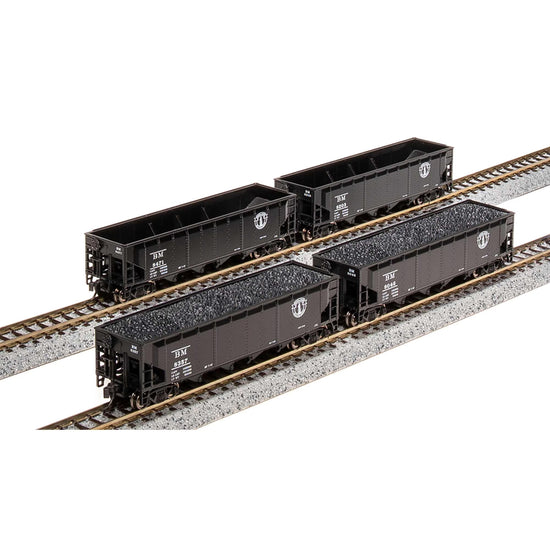 N Scale Imports N ARA 70 Ton Quad Hopper B&M Minute Man 4-Pack model train rolling stock with detailed freight car features.
