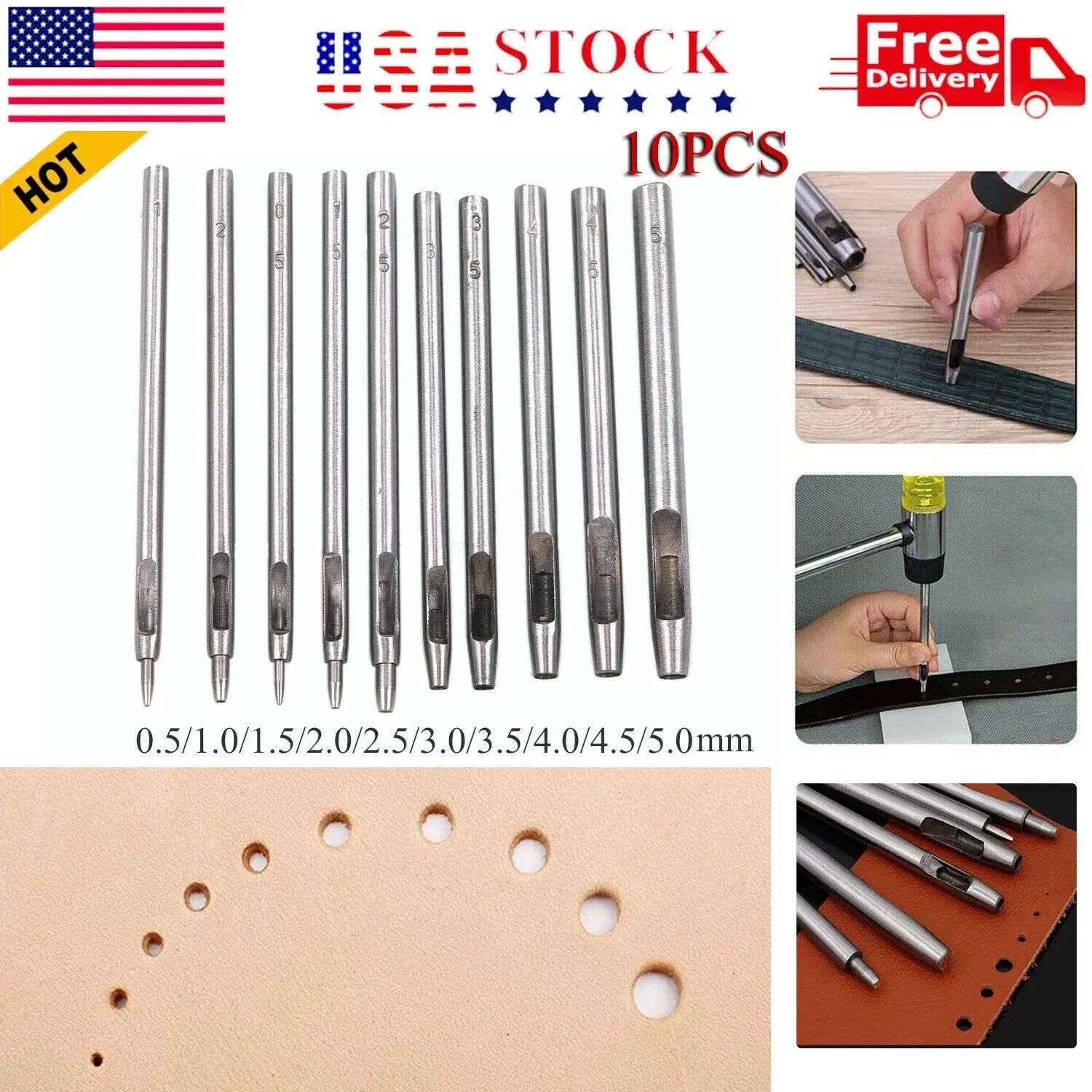 10 PCS Heavy Duty Leather Hollow Hole Punch Set DIY Craft Hand Tools 0.5-5Mm NEW