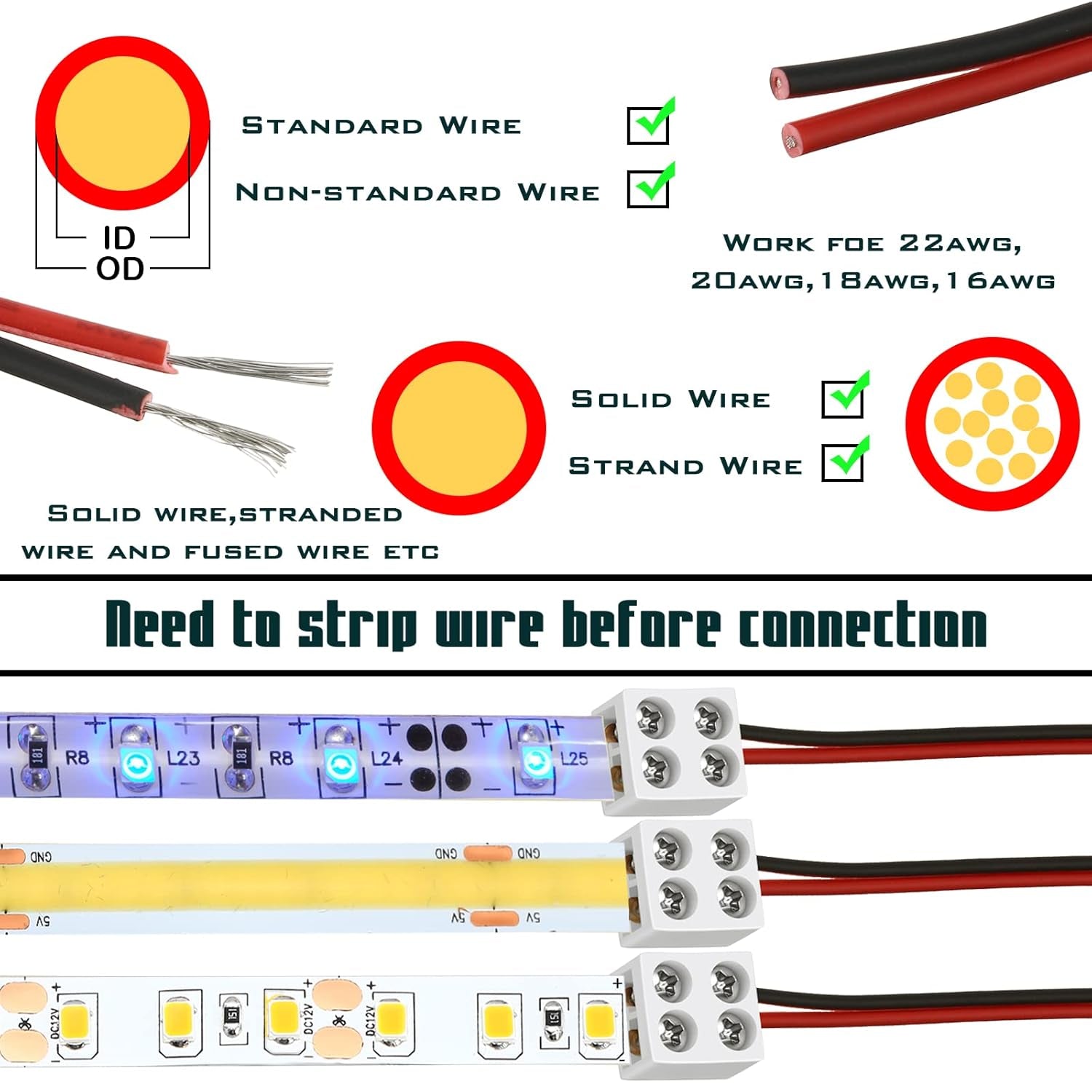25-Pack 2-Pin 8mm LED Tape Light Connectors with Screw Terminal Blocks and Screwdriver for 5V, 12V, and 24V Monochrome Low Voltage Decorative LED Strips
