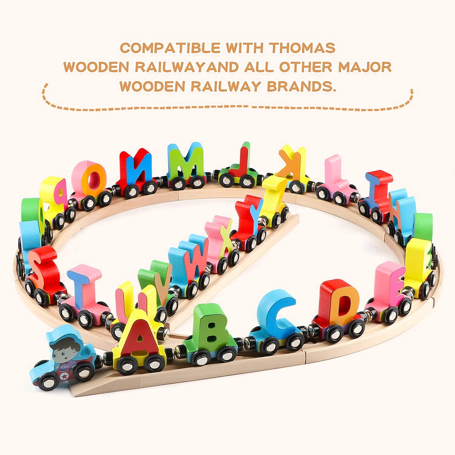 27 PCS Wooden Alphabet Train Toy - Wooden Magnetic Alphabet ABC Train Set Includes 1 Engine, Letter Cars for Toddlers Boys and Girls, Compatible with Major Brands Tracks