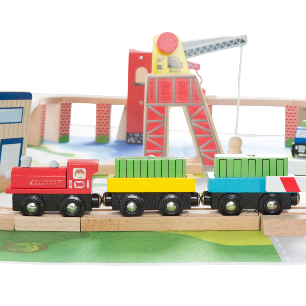75-Piece Wooden Train Set Including Wood Tracks, Trains, Cars, Boats, and Accessories by