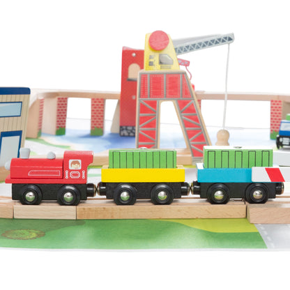 75-Piece Wooden Train Set Including Wood Tracks, Trains, Cars, Boats, and Accessories by
