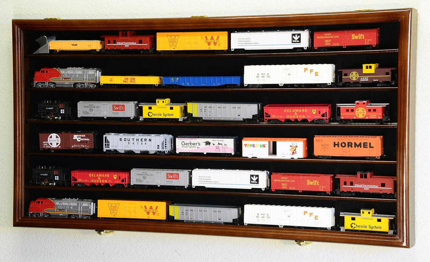 Elegant HO Scale Model Train Display Cabinet - Lockable Walnut Wall Rack with 98% UV Protection