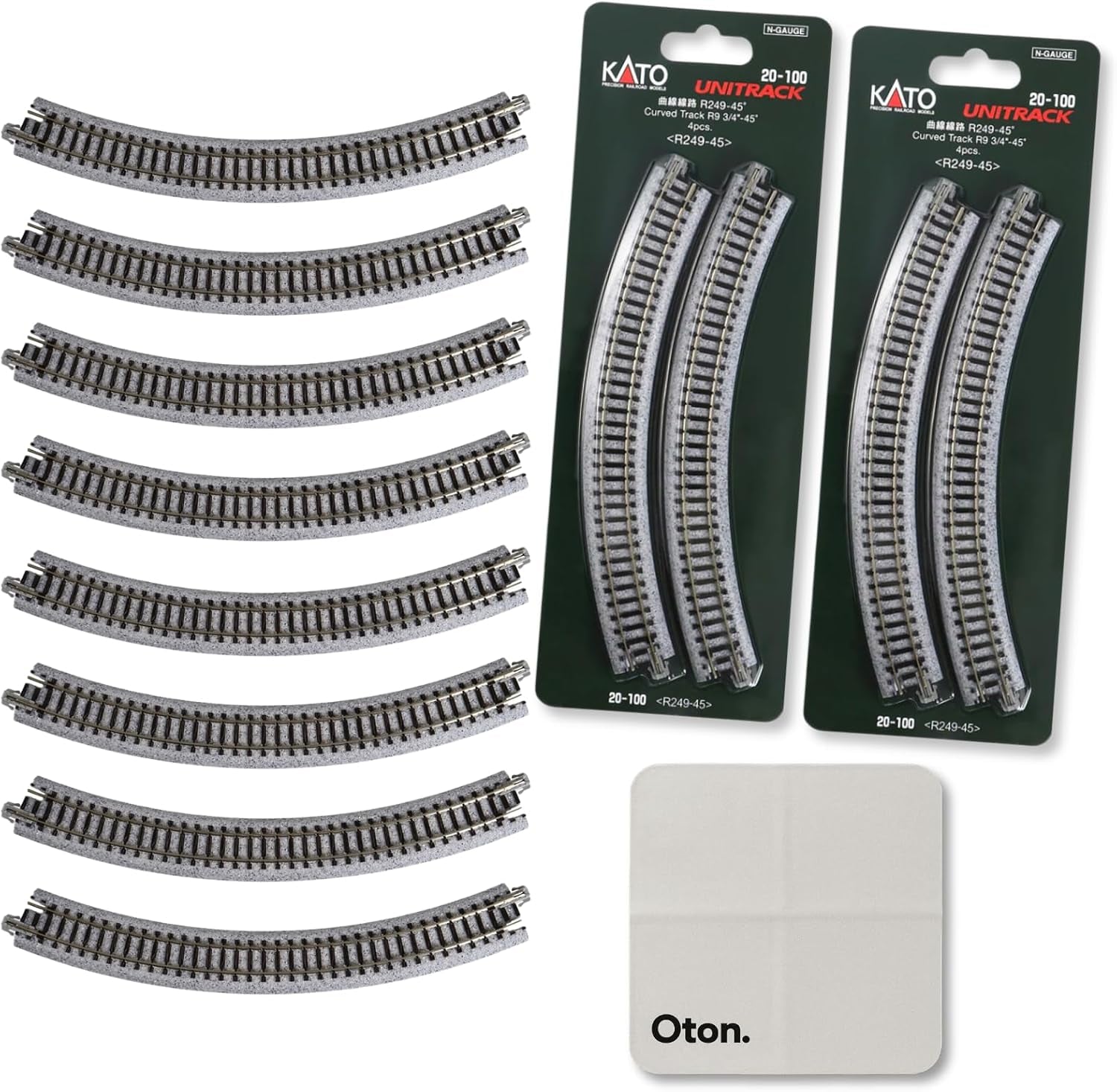 KATO N Scale 20-100 Unitrack R249-45 Curve Track Set (8 Pieces) with 15x15cm Track Cleaning Cloth – Snap-Together Rail System for Seamless Layout and Effortless Maintenance