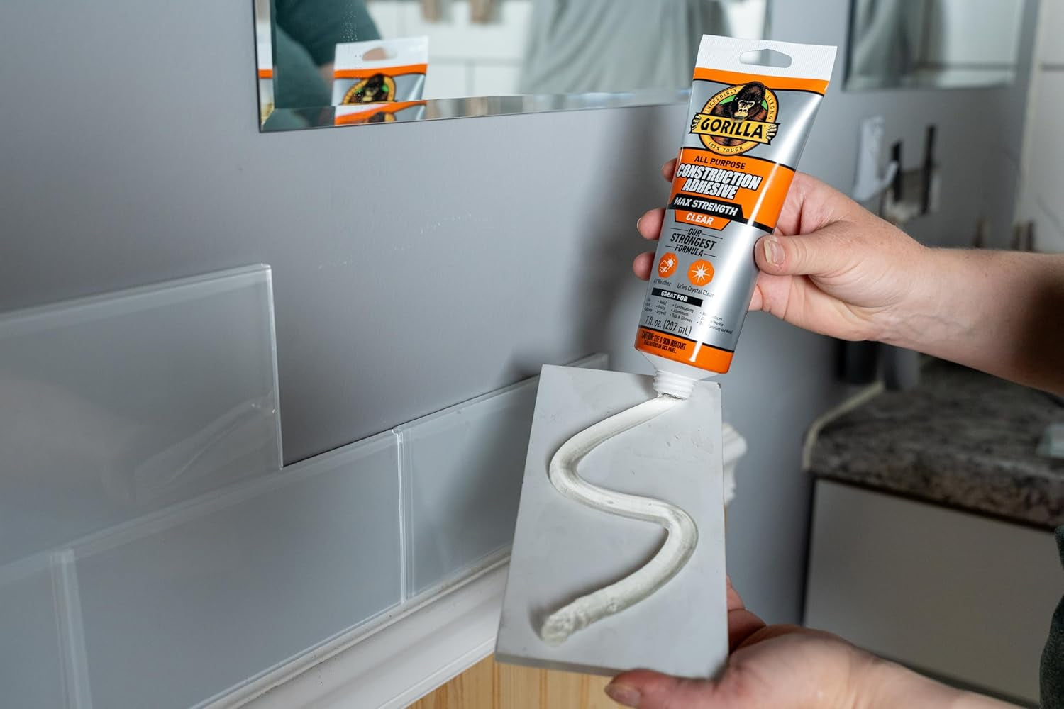Gorilla Max Strength Construction Adhesive, Clear, 7 oz Squeeze Tube - Waterproof and Gap Filling Solution