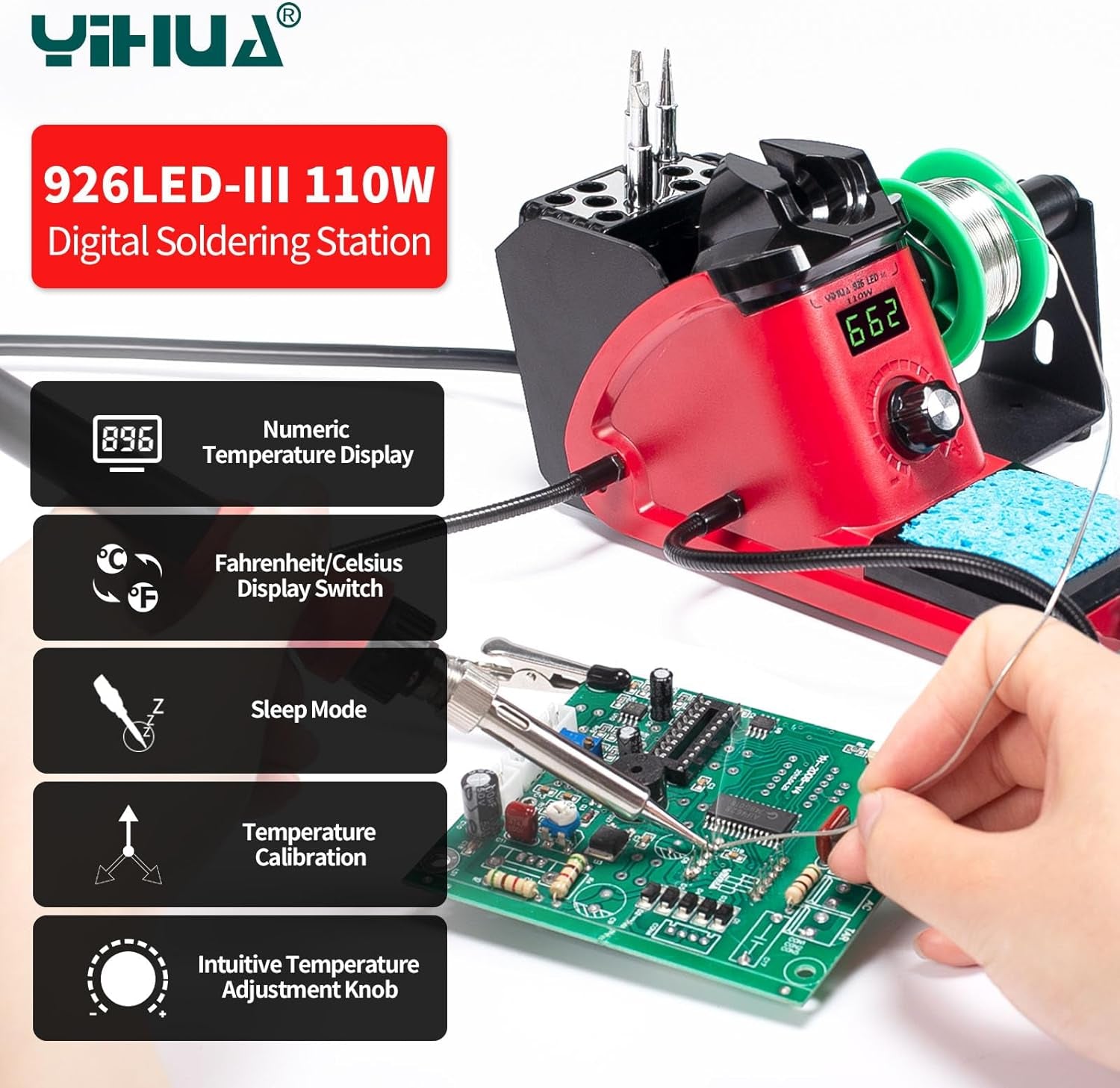 YIHUA 926 III 110W Soldering Iron Station Kit with LED Display, 2 Helping Hands, 3 Extra Iron Tips, 35G Lead-Free Solder, Solder Sucker, S/S Tweezers, °C/°F Conversion, Calibration & Sleep Features