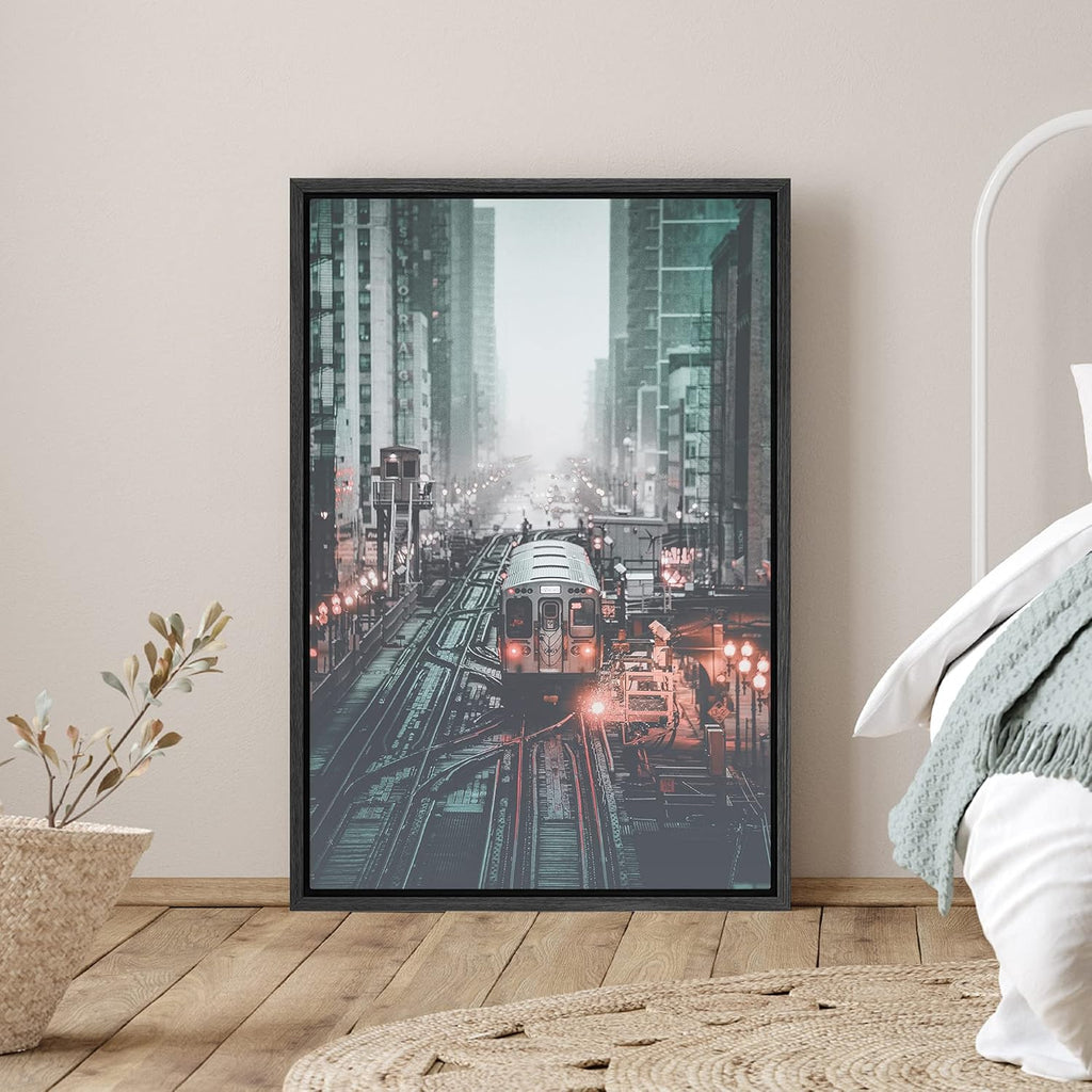 Framed Canvas Print Wall Art Trains between Skyscrapers Places Cityscape Photography Modern Art Bohemian Scenic Colorful Multicolor Ultra for Living Room, Bedroom, Office - 16"X24" BLACK