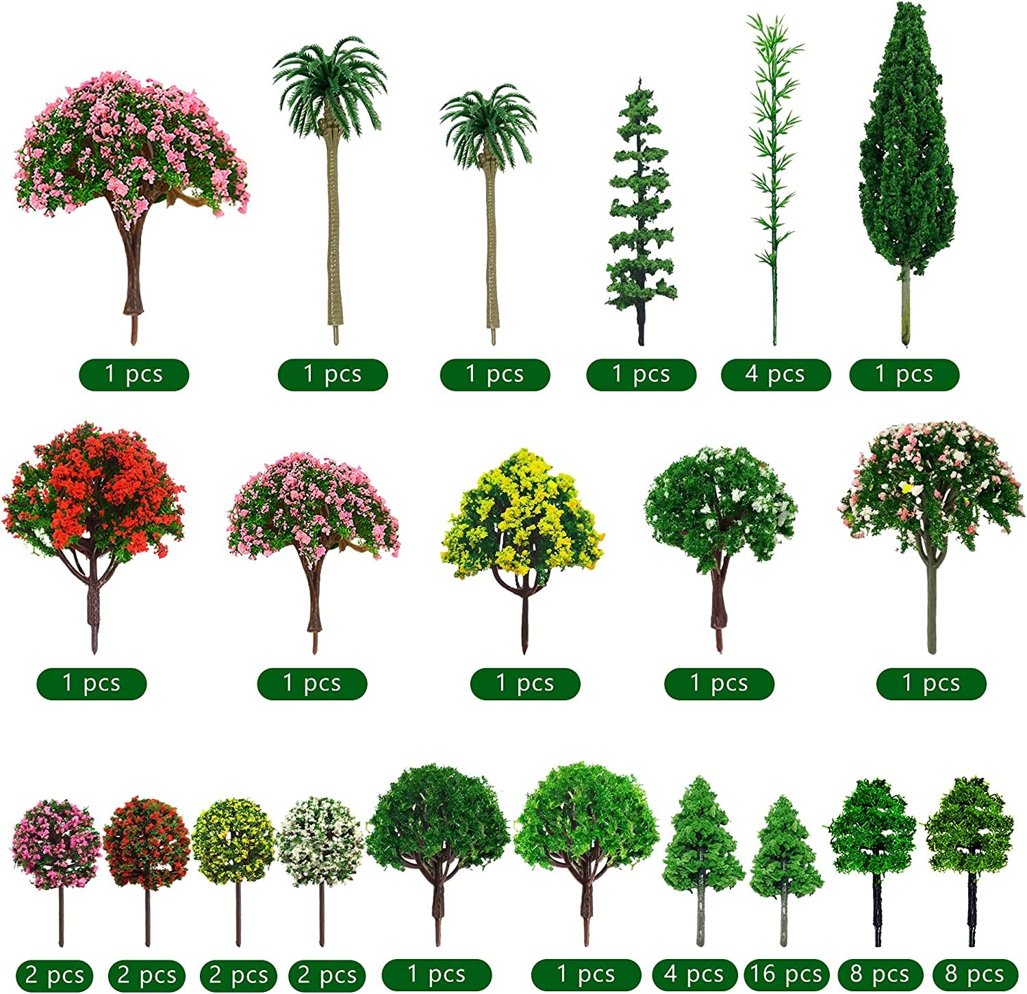 60-Piece Mixed Miniature Model Trees for Train Scenery and Diorama Supplies - Artificial Landscape Plants for DIY Crafts and Building Models