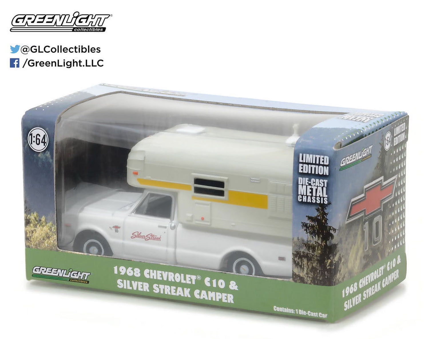 1968 Chevrolet C10 diecast model car with silver streak camper, 1/64 scale, detailed vintage pickup truck by BYMRR Train Store