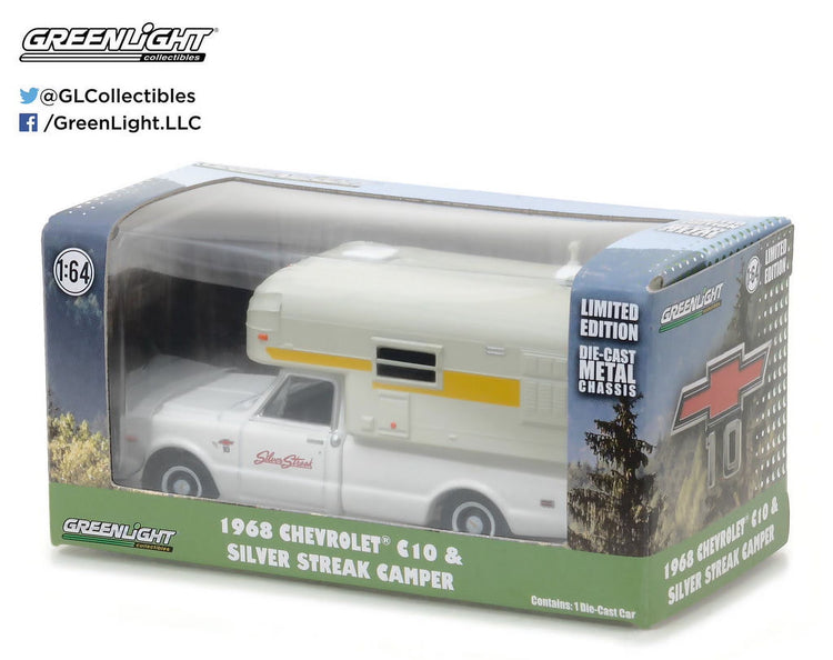 1968 Chevrolet C10 diecast model car with silver streak camper, 1/64 scale, detailed vintage pickup truck by BYMRR Train Store