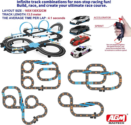 AGM MASETCH high-speed dual track slot car racing set with four licensed vehicles, featuring detailed track and racing cars.