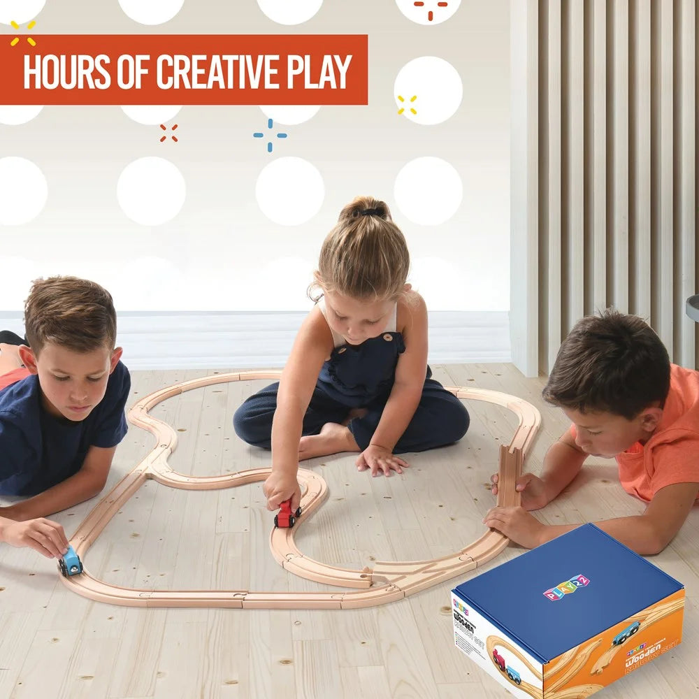 Kids Woden Train Track Set with 2 Bonus Toy Trains, 52 Count