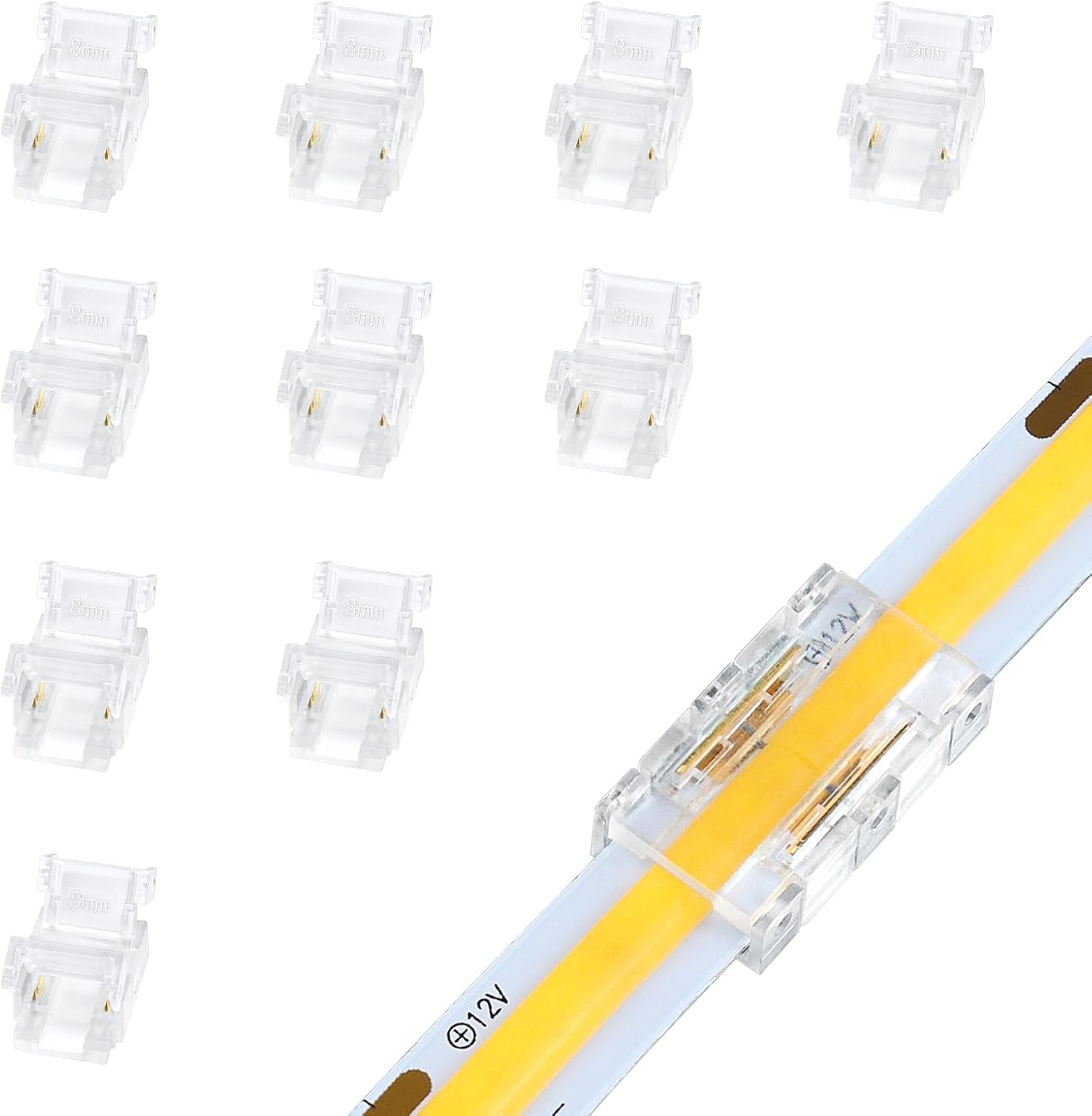 Lightingwill 2-Pin 8mm LED Connectors - 10 Pack Solderless Transparent Strip-to-Strip Connectors for COB/SMD 2835 3528 Single Color LED Strips, Ensuring No Dark Areas
