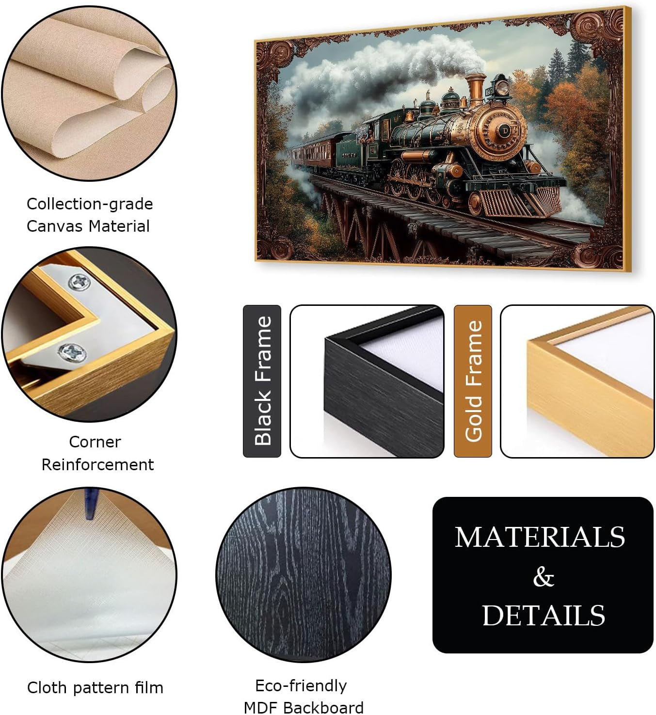 Vintage Steam Train Canvas Wall Art, Steampunk Locomotive Framed Canvas Print, Antique Train Wall Decor, Train Canvas Wall Art, Steam Train Poster, Living Room Bedroom Wall Decor (Black Framed, 36"X24" | 92X62Cm)