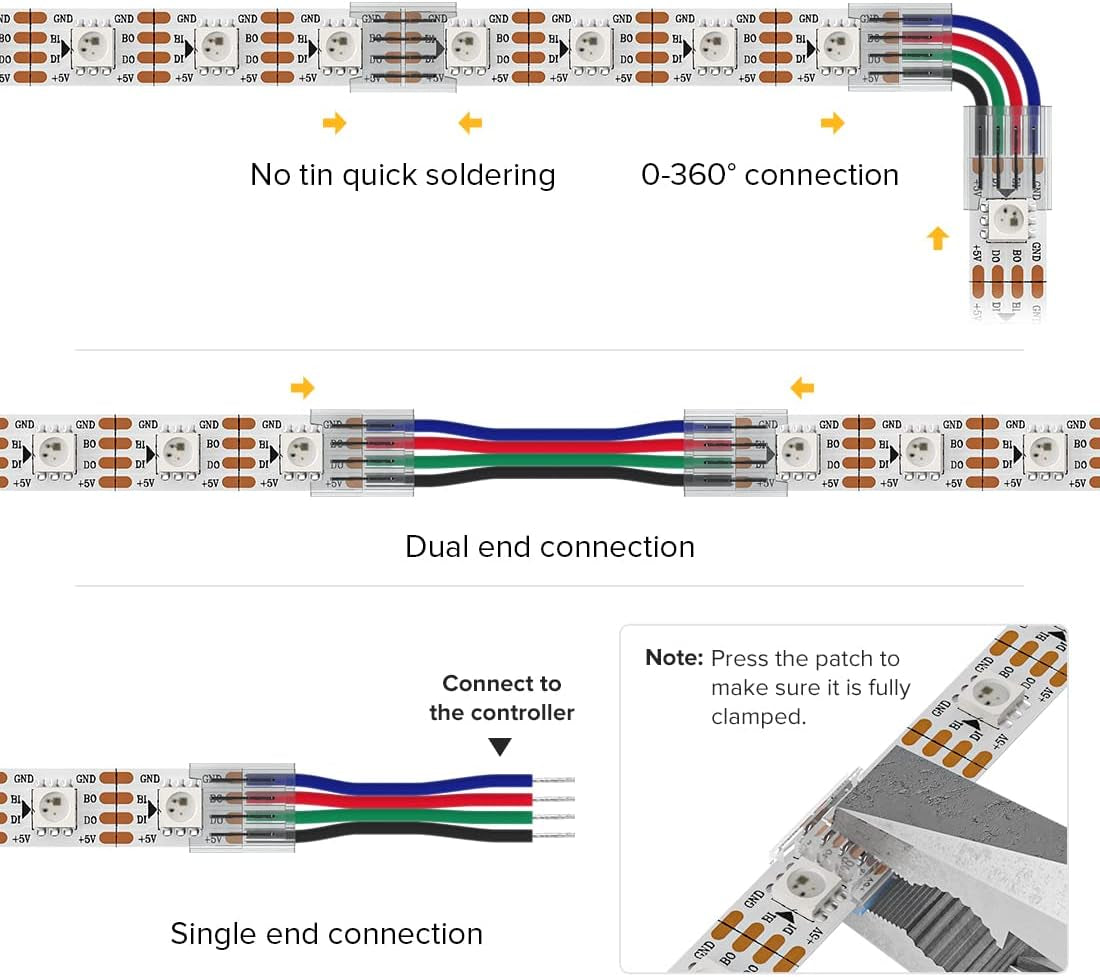 BTF-LIGHTING 4-Pin 10mm Transparent Connector Kit with Gapless Solderless Connectors and Extension Wires for WS2815, WS2813, and Other SMD LED Strips