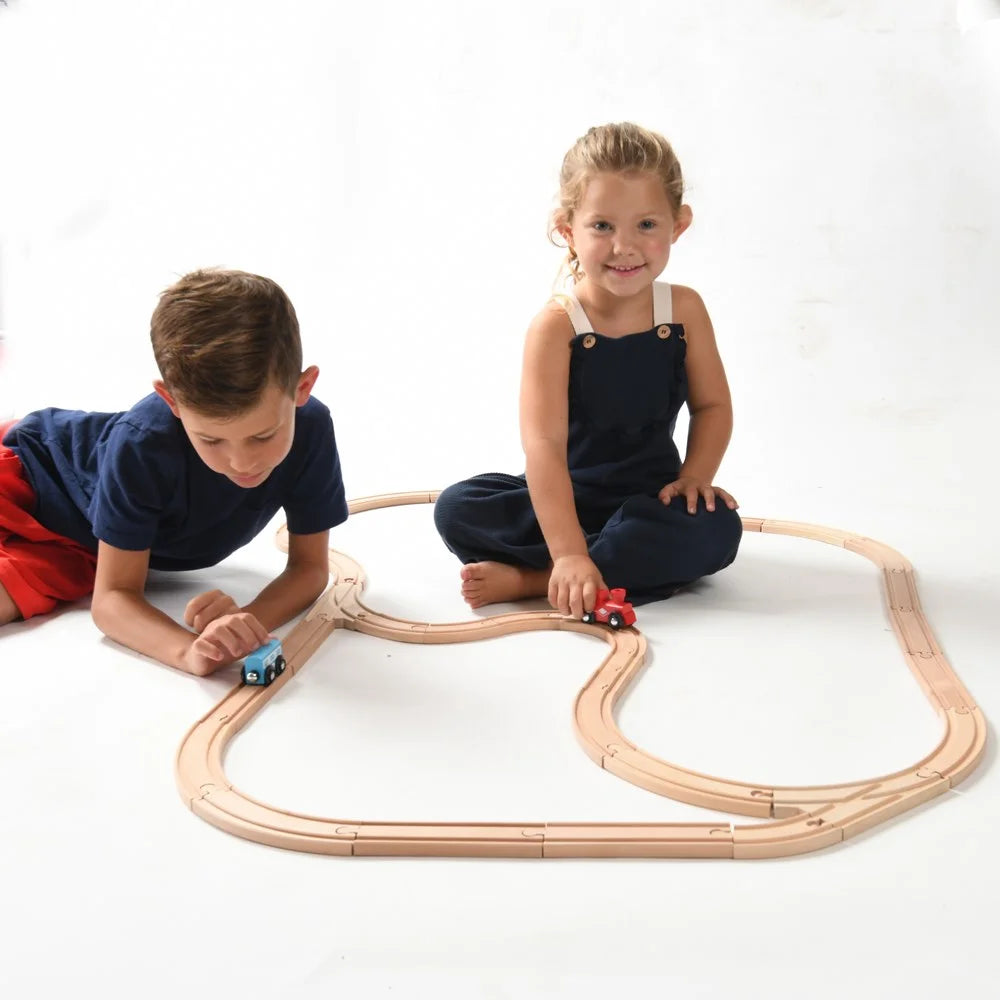 Kids Woden Train Track Set with 2 Bonus Toy Trains, 52 Count