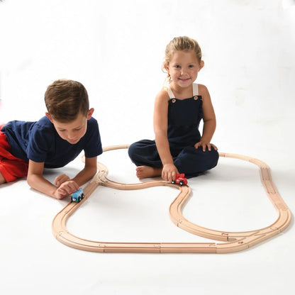 Kids Woden Train Track Set with 2 Bonus Toy Trains, 52 Count