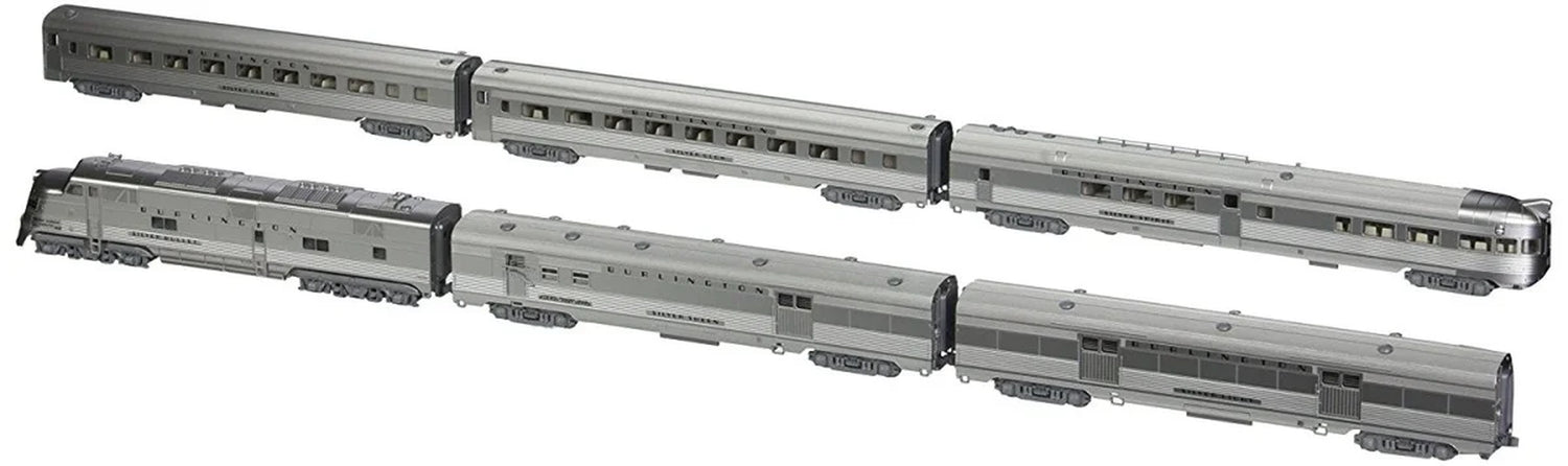 N scale CB&Q Silver Streak Zephyr diesel passenger train set with detailed model locomotives and passenger cars in metallic silver.