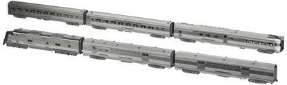 N scale CB&Q Silver Streak Zephyr diesel passenger train set with detailed model locomotives and passenger cars in metallic silver.
